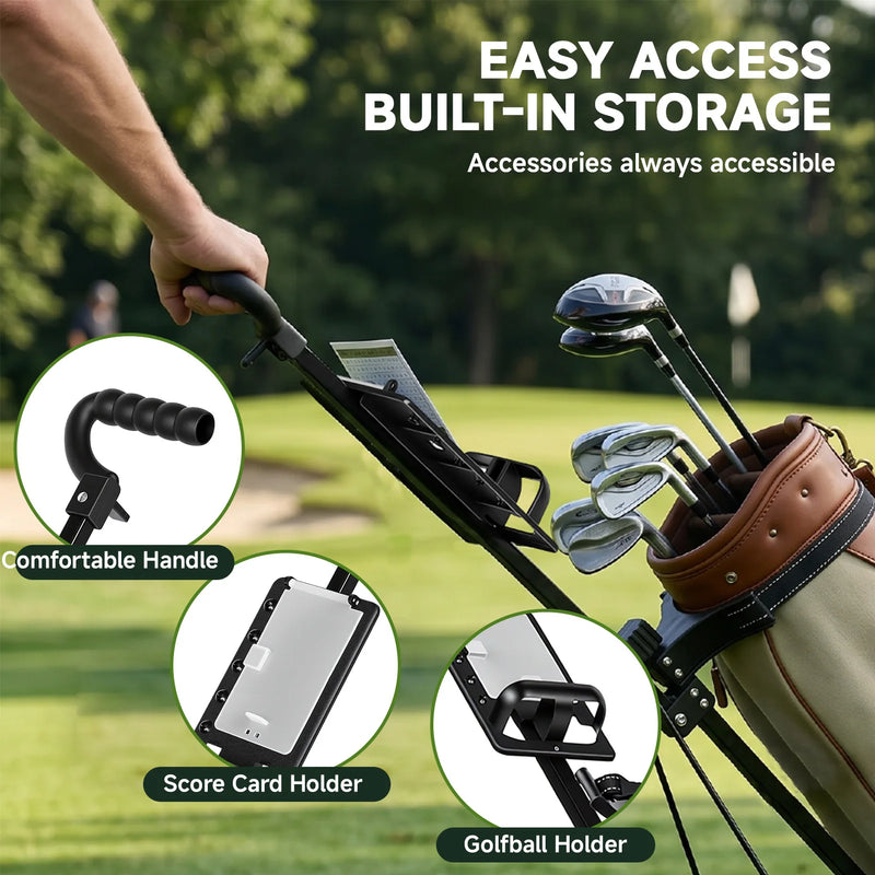 Chariot de golf ultra compact 2 roues – détails de la poignée, du support de carte de score et du porte-balles