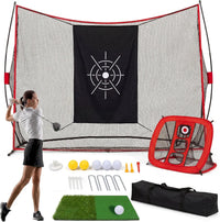 Filet de golf rouge – golfeuse en plein swing, accessoires et sac de transport au premier plan