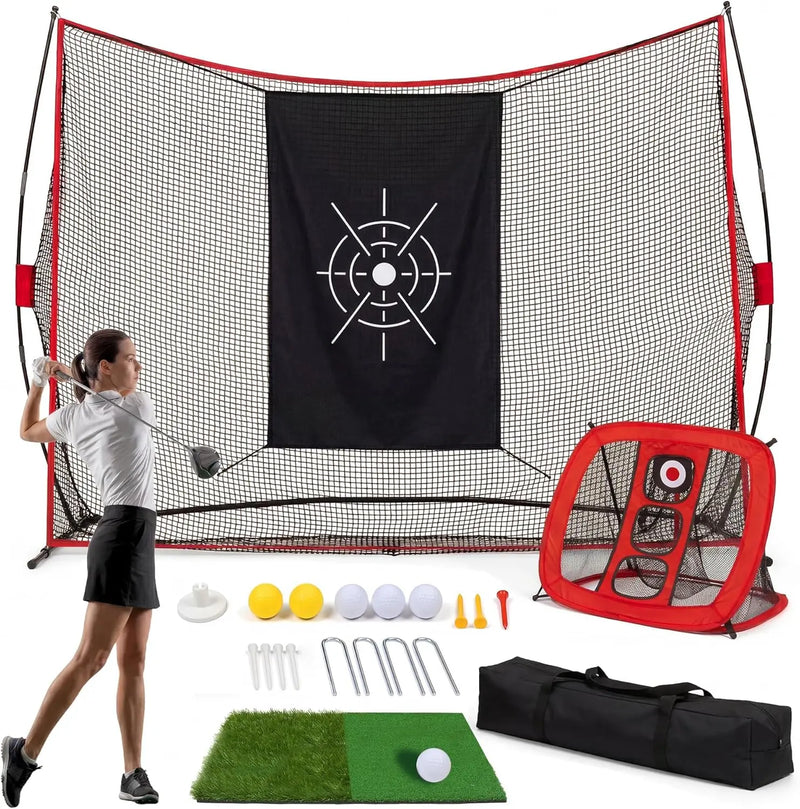 Filet de golf rouge – golfeuse en plein swing, accessoires et sac de transport au premier plan