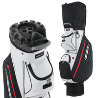 Sac de golf chariot blanc et noir avec capot, vue du plateau et du côté