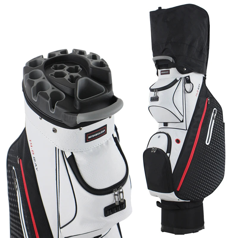 Sac de golf chariot blanc et noir avec capot, vue du plateau et du côté