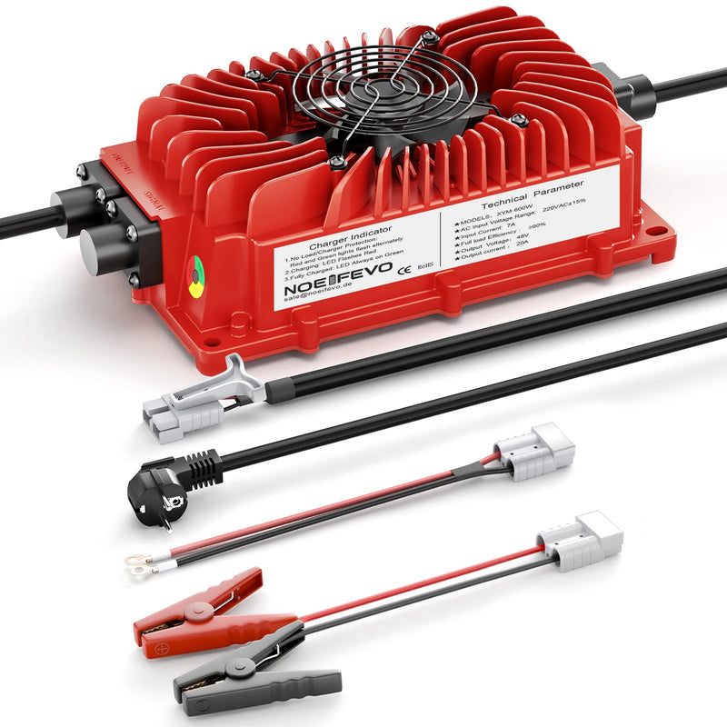Chargeur de batterie au plomb 48 V – chargeur rouge avec pinces crocodiles, connecteur Anderson et cordon secteur