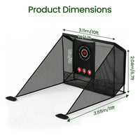 Filet de golf avec cible – schéma des dimensions : 3,11 m, 3,55 m et 2,04 m