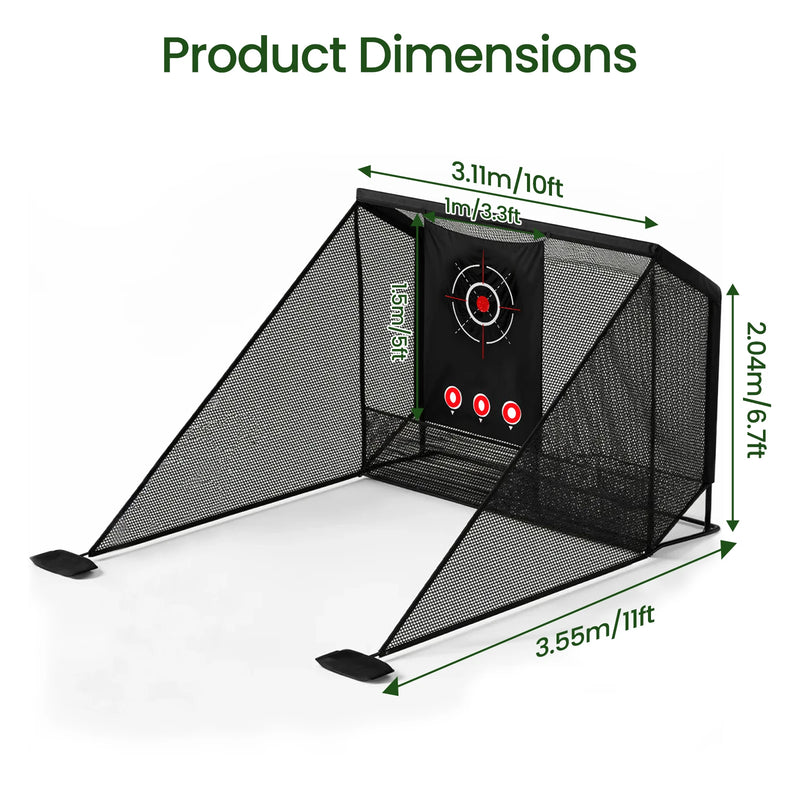 Filet de golf avec cible – schéma des dimensions : 3,11 m, 3,55 m et 2,04 m