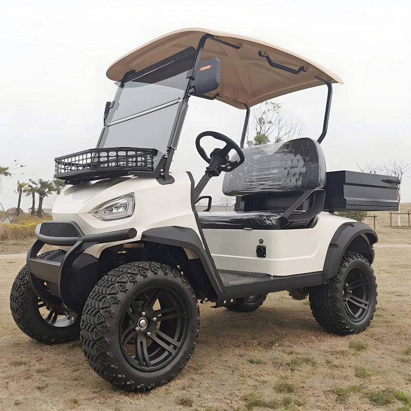 Voiturette de golf électrique de luxe – version blanche à benne arrière, panier avant