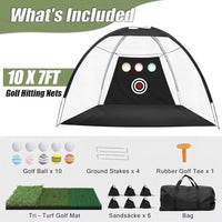 Filet de golf jardin – contenu de l'ensemble : balles, piquets, tee, tapis, sacs de sable et sac