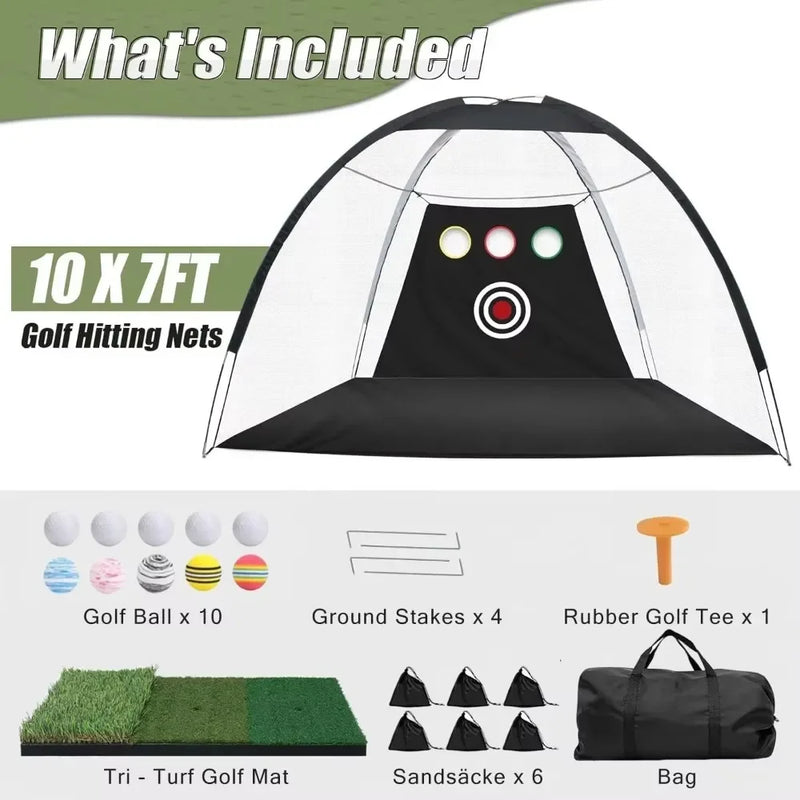 Filet de golf jardin – contenu de l'ensemble : balles, piquets, tee, tapis, sacs de sable et sac