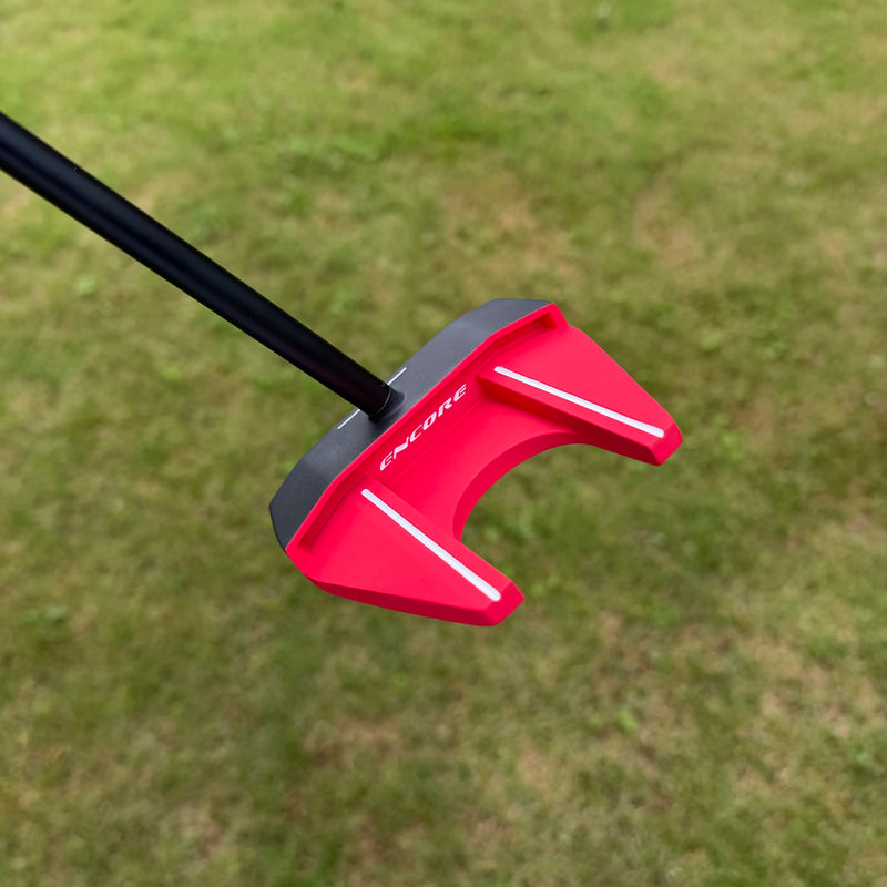 Putter maillet rouge à face équilibrée – tête vue de dessus avec le manche en biais