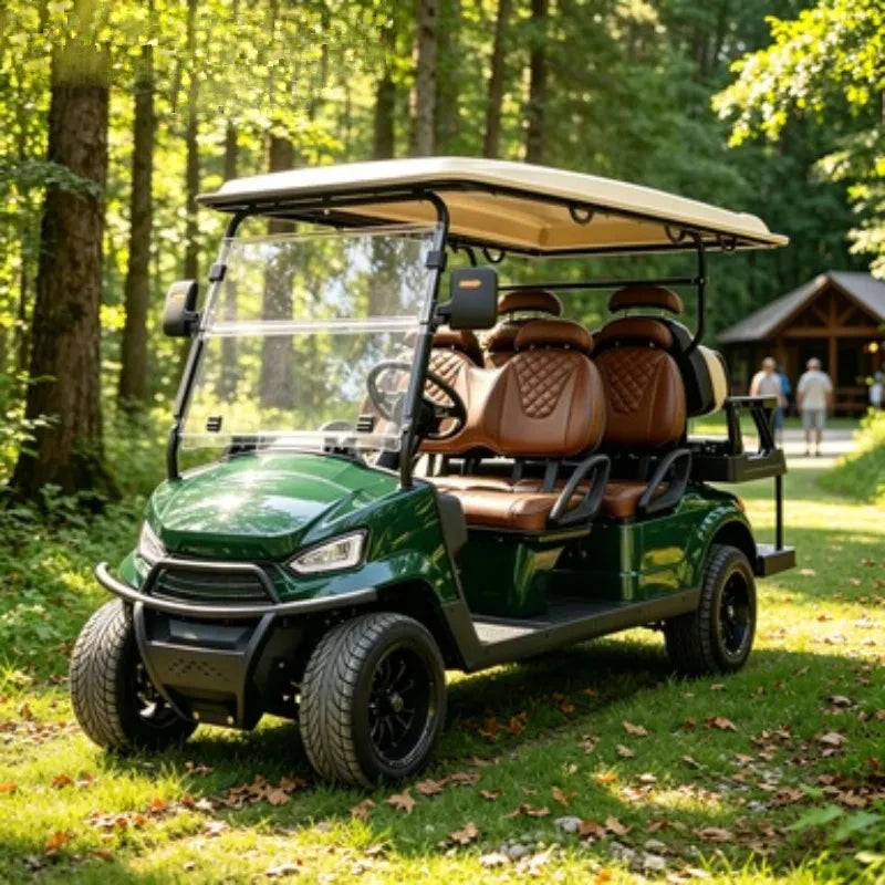Voiture de golf électrique 4 places – version vert foncé à sièges marron, vue avant en trois quarts