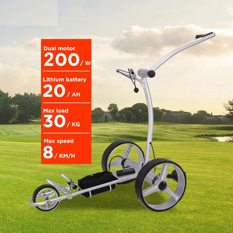 Chariot de golf électrique télécommandé – chariot sur le parcours avec ses caractéristiques : moteurs 200 W, batterie 20 Ah, 8 km/h