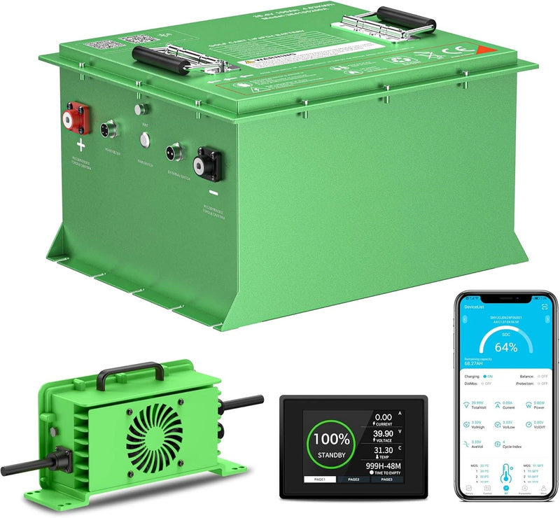 Batterie lithium voiturette de golf 48 V 105 Ah – version à boîtier vert avec chargeur, écran et application