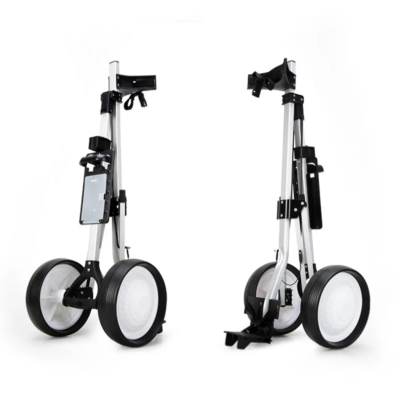 Chariot de golf 2 roues aluminium – deux chariots repliés vus de face et de côté