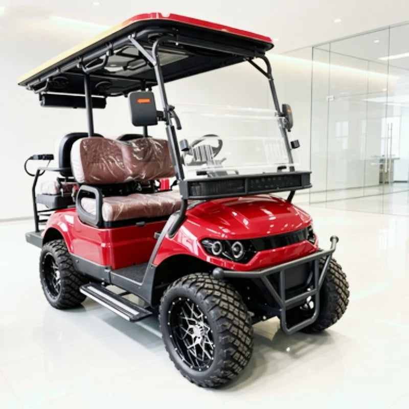 Voiturette de golf électrique à panier avant – vue de trois quarts avant avec pare-chocs et panier