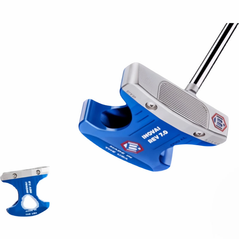 Putter maillet bleu cobalt – vue en perspective de la tête évidée et du manche