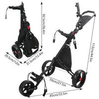 Chariot de golf manuel pliable 3 roues – schéma des dimensions déplié et replié
