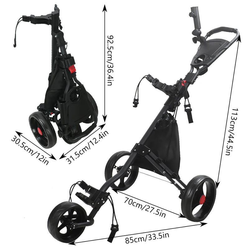Chariot de golf manuel pliable 3 roues – schéma des dimensions déplié et replié
