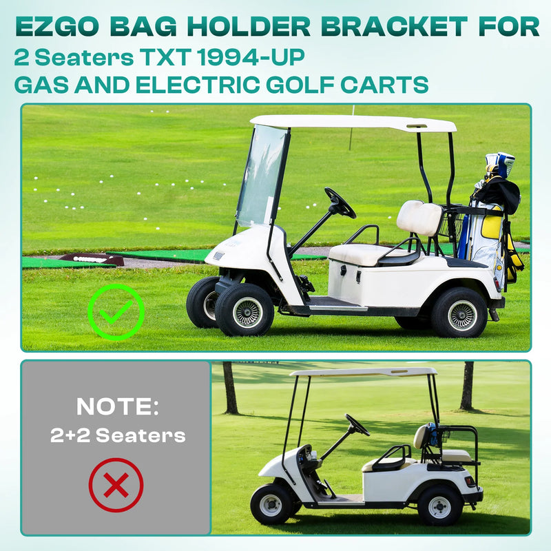 Support de sac de golf arrière – voiturette à 2 places compatible, avec mention des configurations 2+2 non compatibles