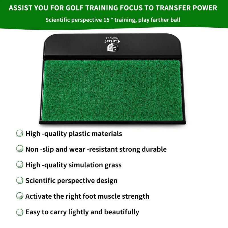 Plateforme d'entraînement swing golf – vue de dessus du gazon et liste des atouts