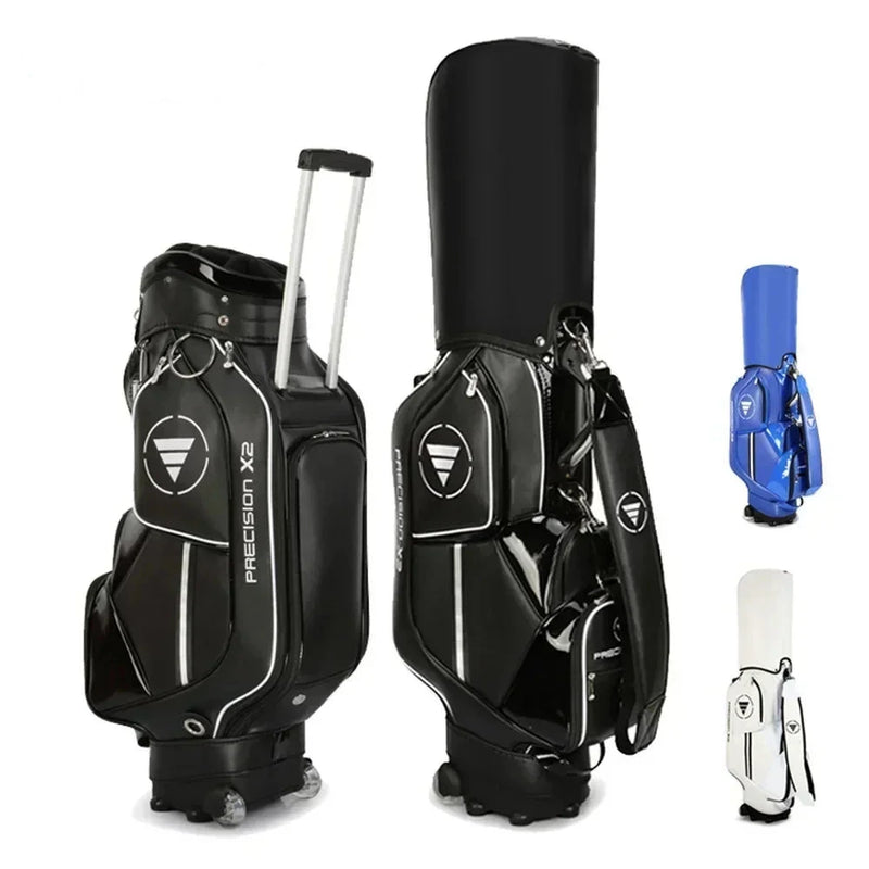 Sac de golf tour en cuir PU à roulettes – sac noir à roulettes avec poignée télescopique et petites vues du blanc et du bleu