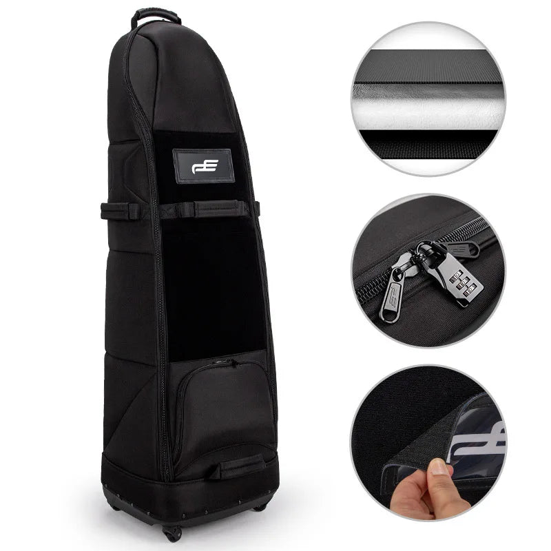 Housse de voyage golf à face souple – housse noire de face avec trois détails : parois matelassées, cadenas à combinaison, plaque velcro