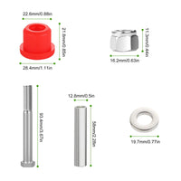 Kit de bagues de suspension – schéma des cotes de la bague, de l'écrou, du boulon, de l'entretoise et de la rondelle