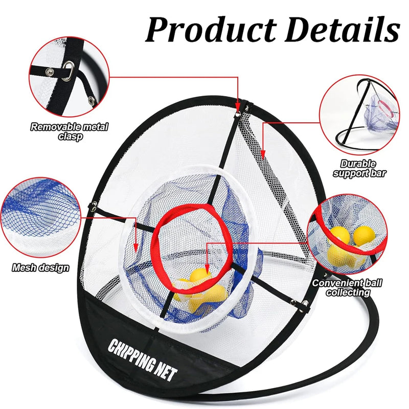 Filet de chipping golf rond – détails : attache métallique, barre de support, maille et poche à balles