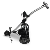 Chariot de golf électrique pliable – finition argent, chariot replié avec sa batterie noire