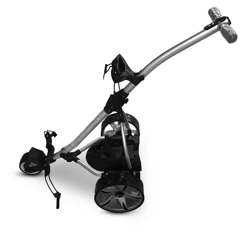 Chariot de golf électrique pliable – finition argent, chariot replié avec sa batterie noire
