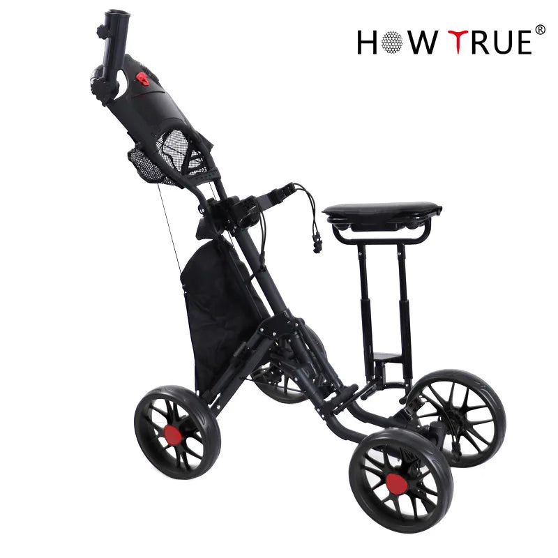 Chariot de golf manuel 4 roues – modèle noir avec siège et roues noires