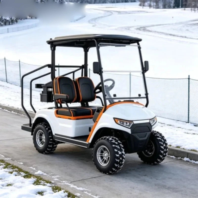 Voiturette de golf 2 places – version blanche à pneus crantés sur une allée enneigée