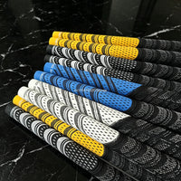 Grips de golf à fil de coton – rangée de grips jaunes, bleus et blancs
