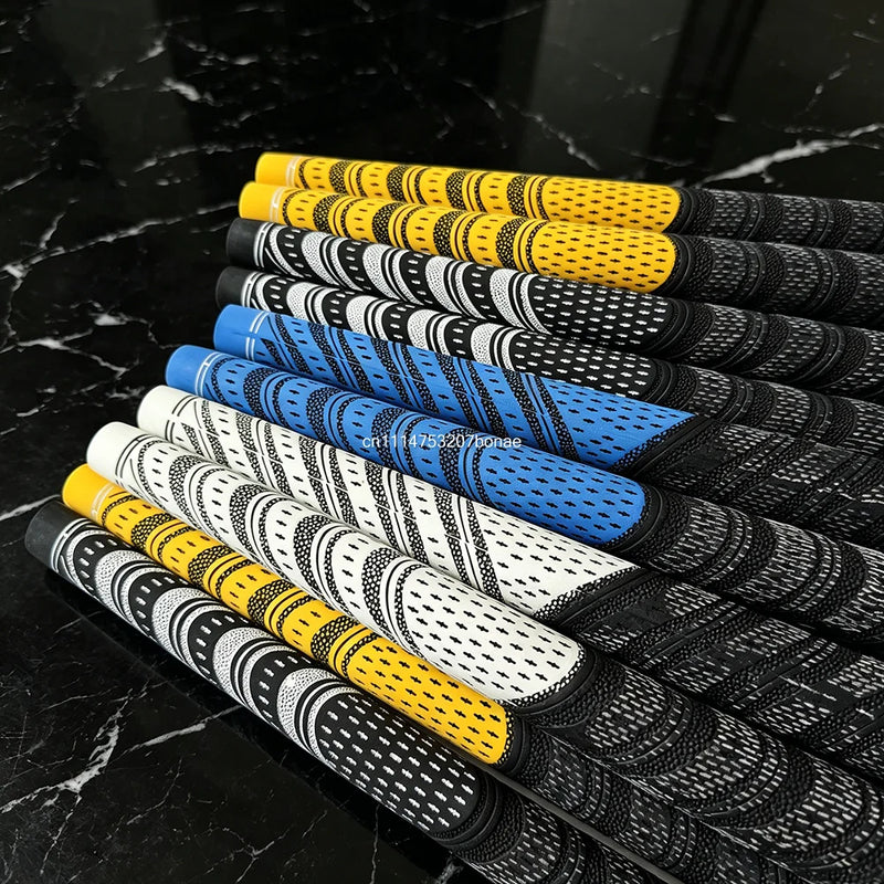 Grips de golf à fil de coton – rangée de grips jaunes, bleus et blancs