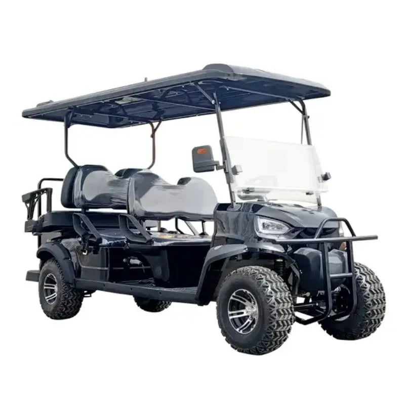 Voiturette de golf électrique de luxe 6 places noire – vue détourée de trois quarts avant