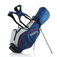 Sac de golf trépied léger 14 compartiments – sac bleu et blanc debout sur son trépied, vue de trois quarts