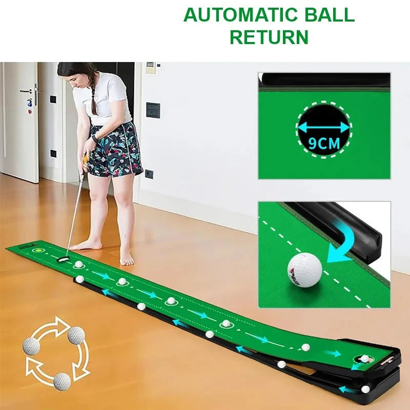 Tapis de putting intérieur 3 m – femme au putting sur le tapis, trou de 9 cm et retour de balle