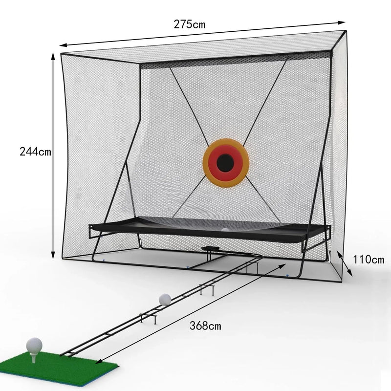 Filet de golf avec piste de retour de balle – dimensions de 275, 244 et 110 cm et rail de 368 cm