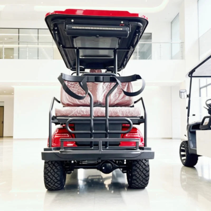 Voiturette de golf électrique à panier avant – vue arrière avec plateforme à barre de maintien