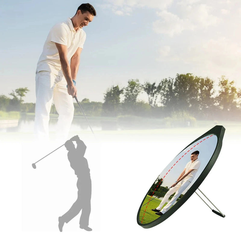 Miroir de swing de golf – golfeur en position à l'adresse avec le miroir posé devant lui