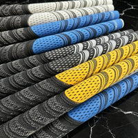 Grips de golf à fil de coton – gros plan sur les zones jaune, bleue et blanche