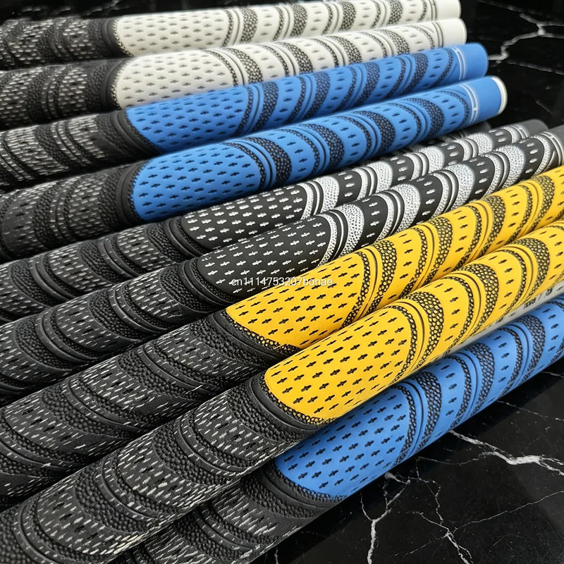 Grips de golf à fil de coton – gros plan sur les zones jaune, bleue et blanche