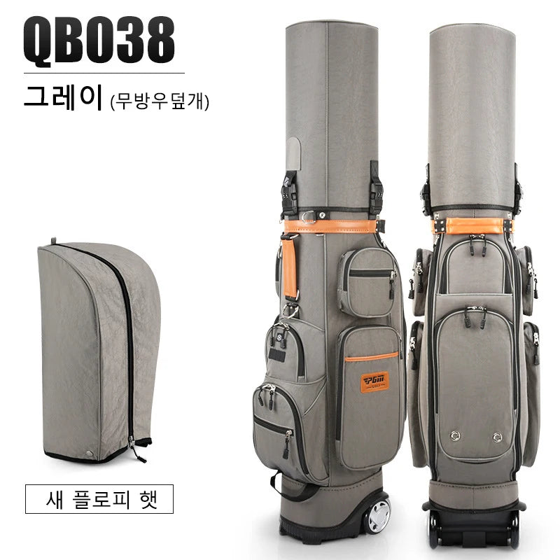 Sac de golf de voyage à roulettes – coloris gris, vue de face et de dos avec capot