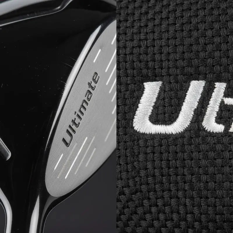 Set de golf complet droitier – gros plan sur une face de club et sur la toile du sac