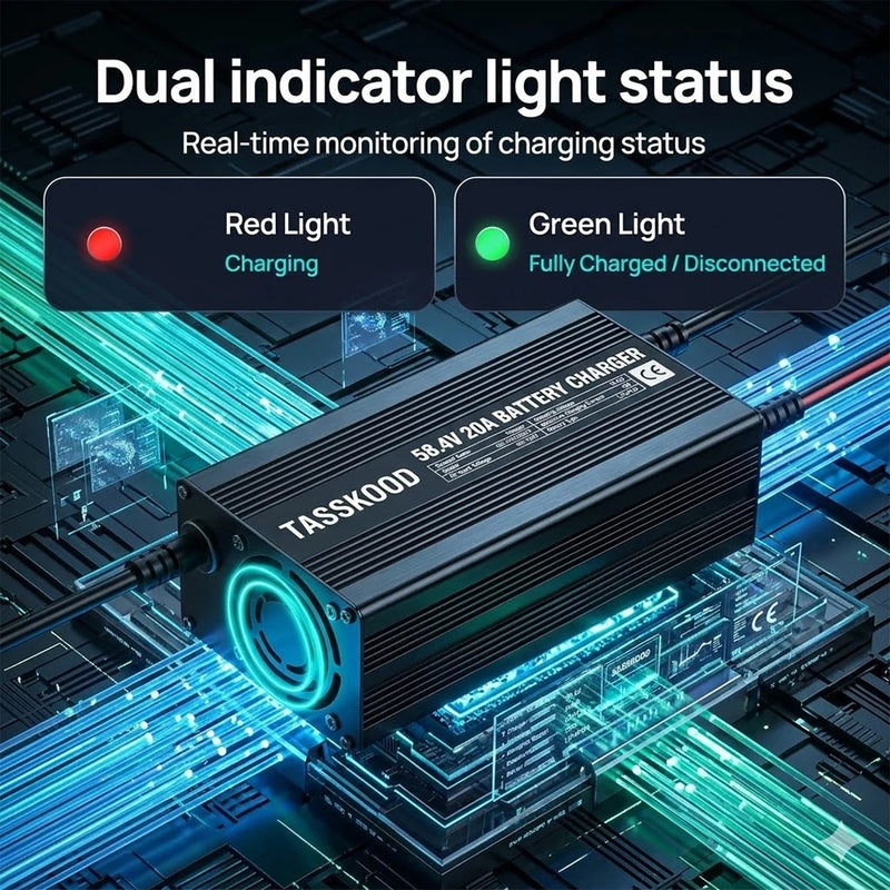 Chargeur intelligent LiFePO4 58,4 V – voyants rouge et vert d'état de la charge