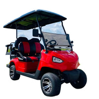 Voiturette de golf électrique classique – version rouge à sièges rouges et noirs sur fond blanc