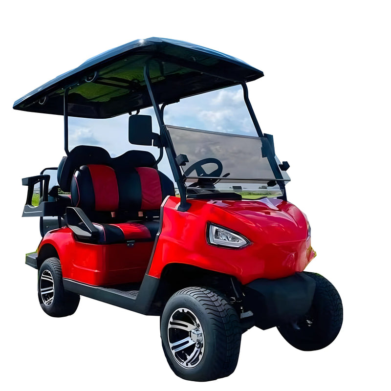 Voiturette de golf électrique classique – version rouge à sièges rouges et noirs sur fond blanc