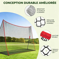 Filet de golf sur cadre – maille, coutures et liseré rouge en gros plan