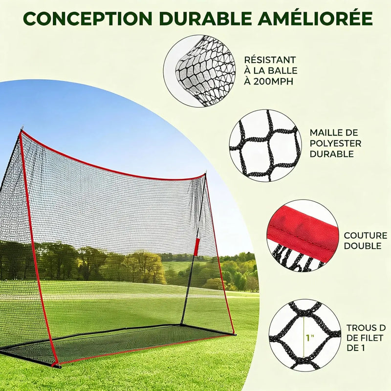 Filet de golf sur cadre – maille, coutures et liseré rouge en gros plan