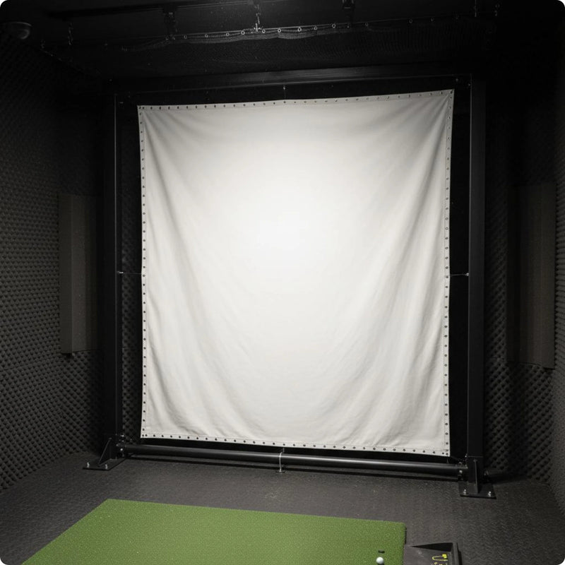 Écran de simulateur de golf – format 3 m × 4 m sur cadre noir avec tapis de frappe