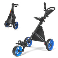 Chariot de golf pliable 3 roues – version à roues bleues, déployée et repliée