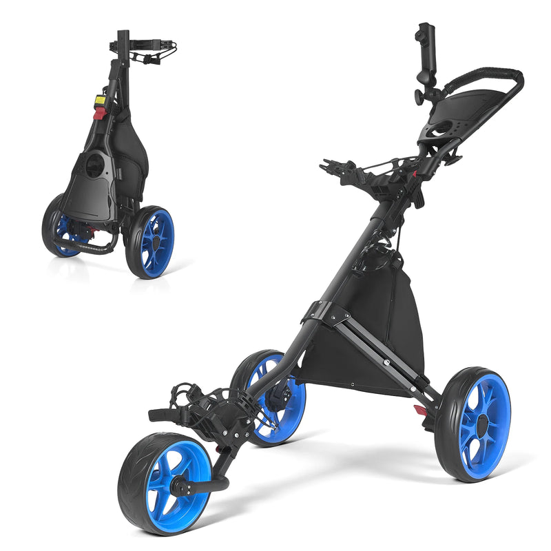 Chariot de golf pliable 3 roues – version à roues bleues, déployée et repliée